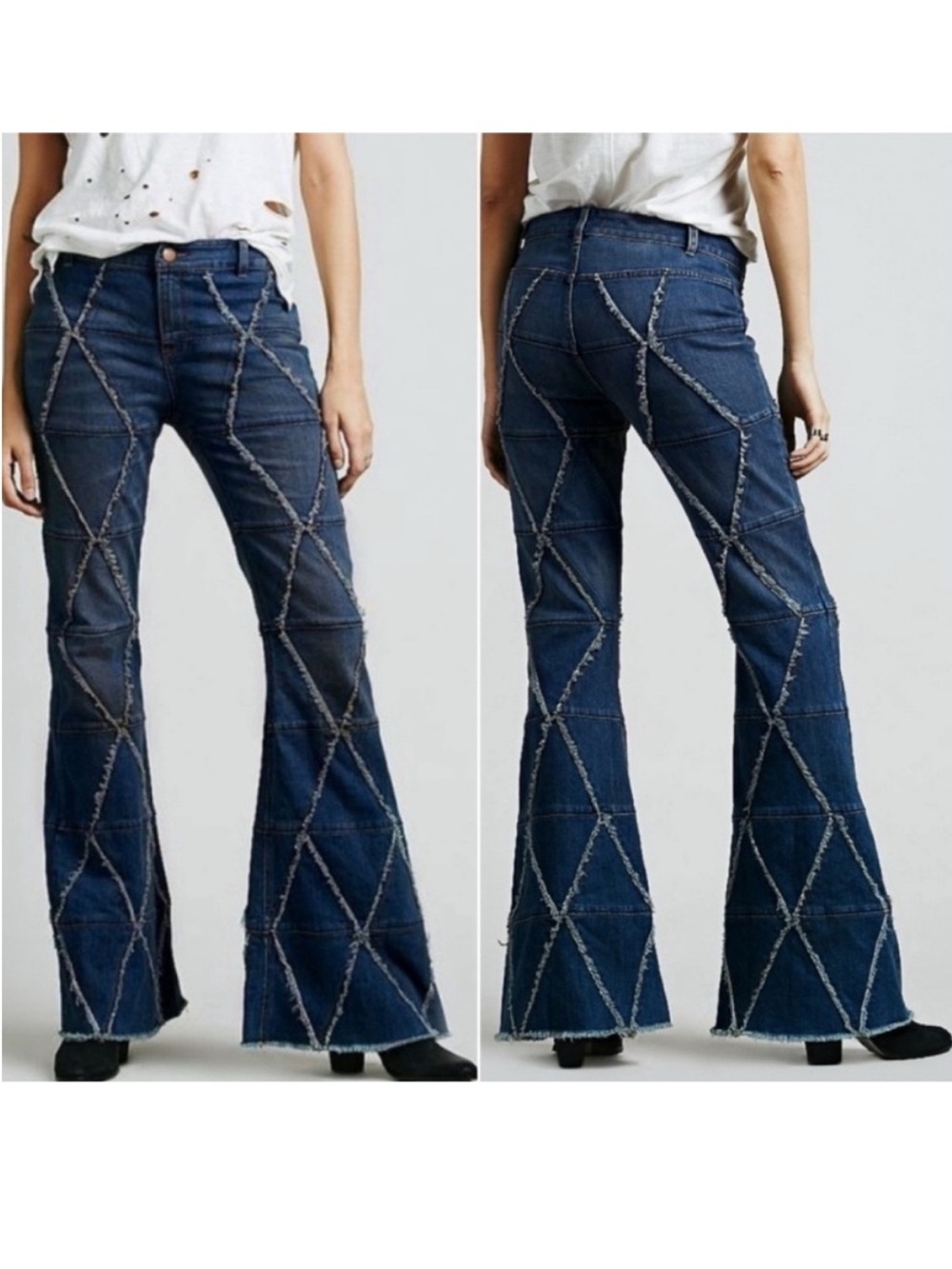 Rare Free People Dark Blue Patchwork Flare Jeans